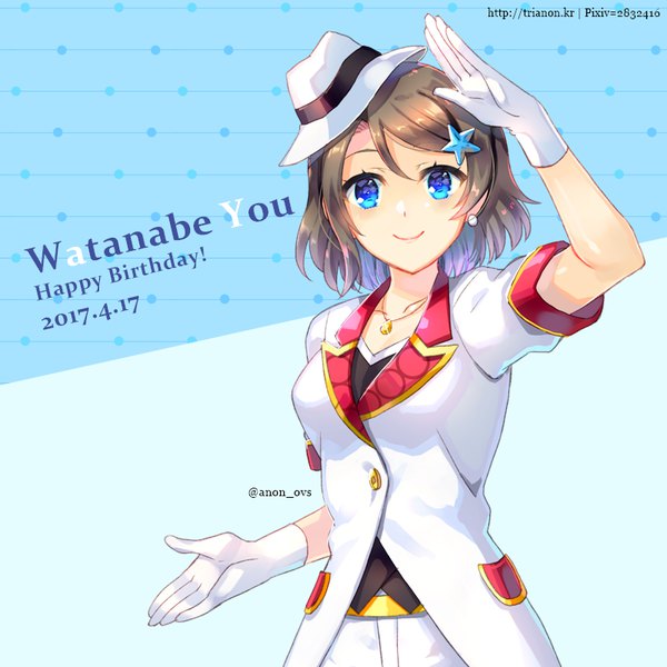 Anime picture 800x800 with love live! sunshine!! sunrise (studio) love live! watanabe you trianon single looking at viewer short hair blue eyes smile brown hair upper body character names dated happy birthday salute girl gloves hair ornament hat