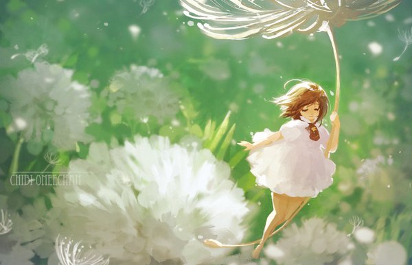 Anime picture 1280x826 with original chibi-oneechan single short hair smile brown hair holding signed full body ahoge eyes closed barefoot sunlight bare legs outstretched arm minigirl girl dress flower (flowers) white dress