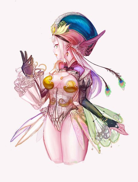 Anime picture 800x1050 with original si (pixiv) single long hair tall image breasts light erotic simple background green eyes purple hair white hair profile multicolored hair pointy ears two-tone hair fantasy fairy girl earrings headdress