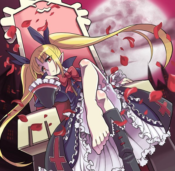 Anime picture 1000x975 with blazblue rachel alucard miyaji single long hair blonde hair red eyes sitting twintails barefoot loli legs girl dress petals boots bowtie