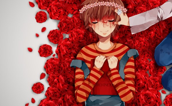 Anime picture 1928x1198 with re:kinder (game) yuichi mizuoka highres short hair smile brown hair wide image sitting eyes closed hair flower kneeling boy hair ornament flower (flowers) petals rose (roses) book (books) blood jewelry ring