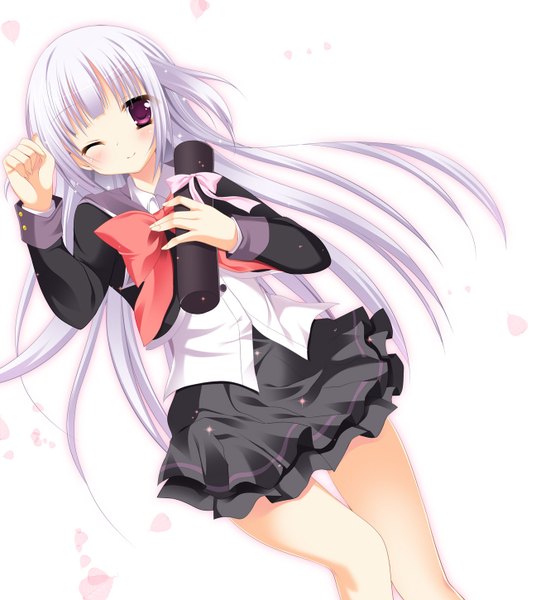 Anime picture 1295x1450 with hatsuyuki sakura tamaki sakura himemiya niina single long hair tall image blush white background purple eyes white hair one eye closed wink graduation girl skirt petals bowtie