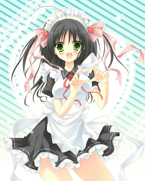 Anime picture 900x1127 with original asakura hayate single long hair tall image looking at viewer blush open mouth black hair green eyes maid heart hands girl bow hair bow headdress maid headdress