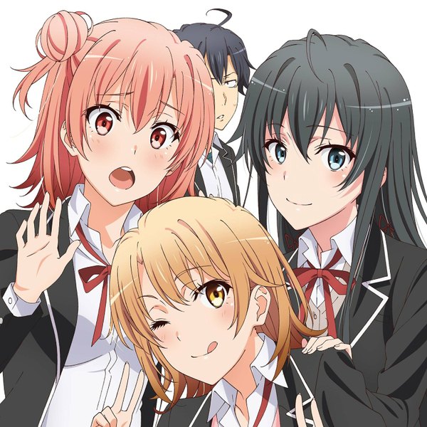 Anime picture 1500x1500 with yahari ore no seishun love comedy wa machigatteiru. brains base (studio) yukinoshita yukino yuigahama yui isshiki iroha hikigaya hachiman long hair looking at viewer blush short hair open mouth blue eyes black hair red eyes brown hair multiple girls brown eyes pink hair one eye closed light smile