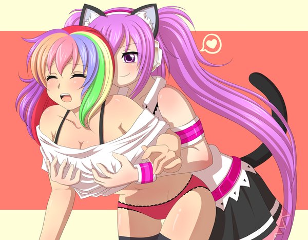 Anime picture 2468x1924 with beatmania mizushiro celica x-x-kiki-x-x (artist) blush highres short hair breasts open mouth light erotic smile purple eyes twintails multiple girls animal ears purple hair tail eyes closed very long hair animal tail cat ears