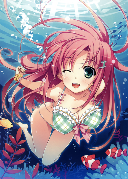 Anime picture 1074x1502 with original yuuki hagure tall image blush highres open mouth light erotic green eyes pink hair one eye closed wink underwater girl swimsuit bikini bracelet bubble (bubbles) fish (fishes) algae
