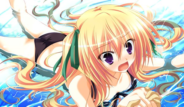 Anime picture 1024x600 with sora to kumo to kimi no koi long hair blush open mouth blonde hair wide image twintails purple eyes game cg girl ribbon (ribbons) swimsuit hair ribbon bikini water