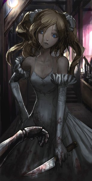 Anime picture 663x1300 with original minoo single long hair tall image open mouth blue eyes blonde hair twintails bare shoulders hand on hip girl dress gloves hair ornament elbow gloves white gloves white dress hairclip blood
