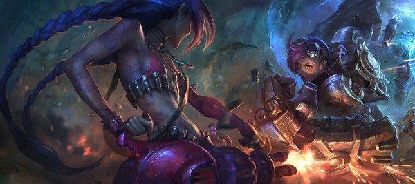 Anime picture 2000x891 with league of legends jinx (league of legends) lux (league of legends) vi (league of legends) xerath (league of legends) su-ke (artist) long hair highres short hair blonde hair wide image multiple girls blue hair pink hair pink eyes tattoo fighting stance girl gloves weapon