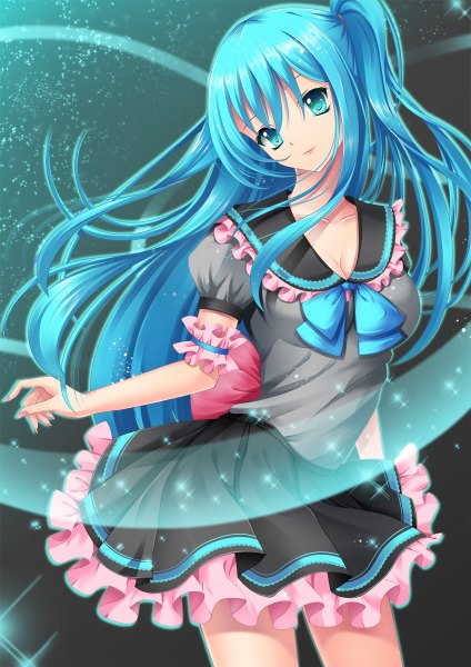 Anime picture 848x1200 with toshi (1-147) single long hair tall image looking at viewer blue eyes blue hair dark background girl dress frills