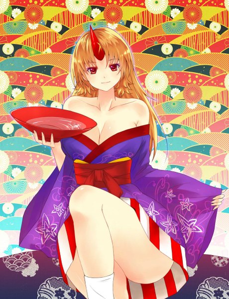 Anime picture 921x1200 with touhou hoshiguma yuugi hoshiguma yuugi (promo) x&x&x single long hair tall image looking at viewer blush breasts light erotic smile red eyes large breasts sitting bare shoulders cleavage traditional clothes japanese clothes horn (horns)