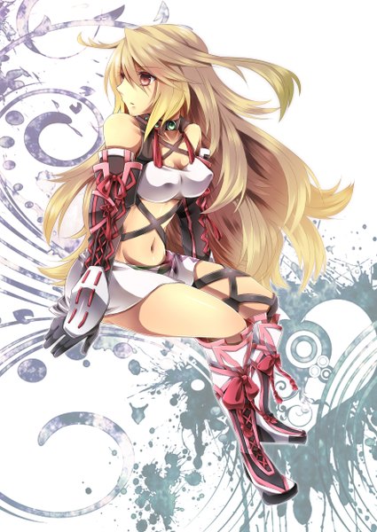 Anime picture 1758x2480 with tales of (series) tales of xillia milla maxwell takamiya ren single long hair tall image highres blonde hair red eyes absurdres girl gloves elbow gloves thigh boots
