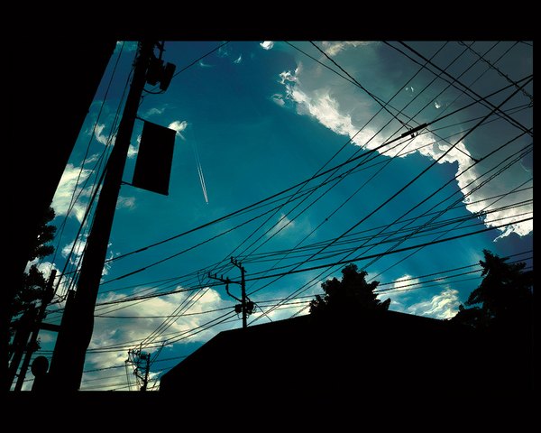 Anime picture 1000x800 with original sarugetty (artist) sky cloud (clouds) plant (plants) tree (trees) wire (wires) aircraft power lines airplane