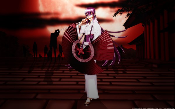 Anime picture 2560x1600 with highschool of the dead madhouse busujima saeko shouji sato long hair looking at viewer highres blue eyes wide image purple hair traditional clothes japanese clothes wind night zombie girl weapon plant (plants) sword tree (trees)