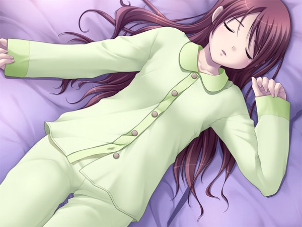 Anime picture 1024x768 with shoukoujo hayakawa ayane nonohara miki long hair brown hair game cg eyes closed sleeping girl pajamas