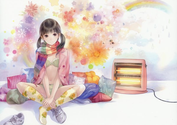 Anime picture 3499x2468 with original fruits gift (artbook) kishida mel single highres short hair black hair sitting twintails absurdres black eyes scan floral print short twintails rain indian style girl navel underwear flower (flowers)