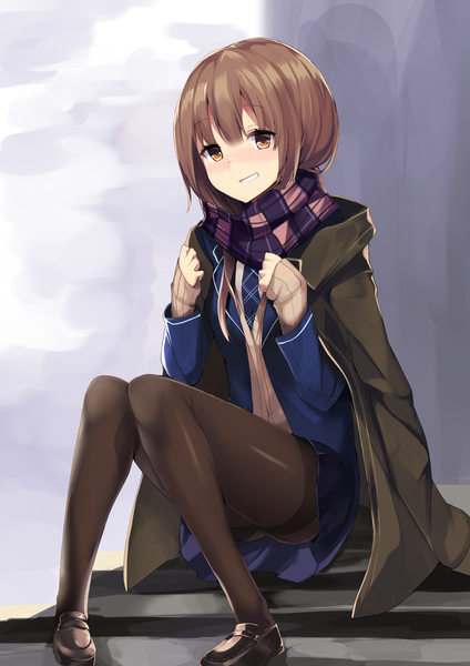 Anime picture 1265x1789 with original haik single long hair tall image blush fringe simple background smile hair between eyes brown hair sitting brown eyes full body teeth hand on chest clenched teeth knees together feet apart girl uniform