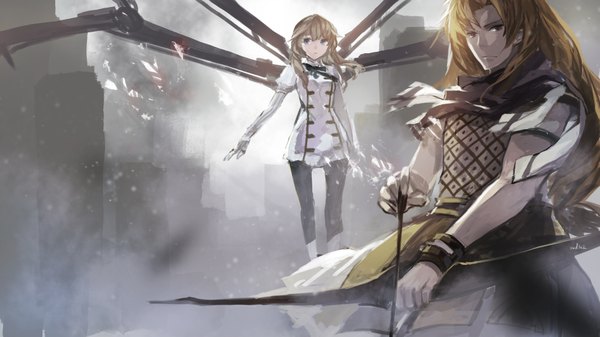 Anime picture 1890x1063 with fate (series) fate/apocrypha type-moon archer of black swd3e2 long hair looking at viewer highres blue eyes brown hair wide image brown eyes signed braid (braids) twin braids girl boy weapon wings jacket
