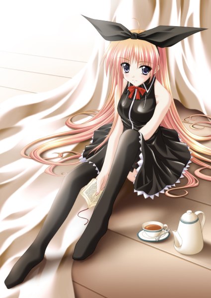 Anime picture 1770x2500 with sayorana etranger nao kousaka kimizuka aoi single long hair tall image highres blue eyes sitting bare shoulders pink hair girl thighhighs bow black thighhighs hair bow book (books) cup teapot tea