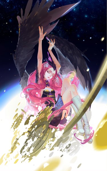 Anime picture 1134x1815 with original hunsay single long hair tall image open mouth sitting pink hair eyes closed very long hair hair flower high heels eyeshadow lacing black wings space girl skirt hair ornament wings
