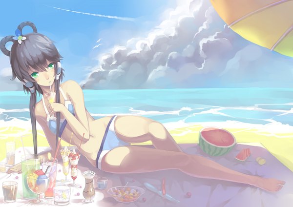 Anime picture 1520x1075 with vocaloid vocaloid china luo tianyi madyy single long hair looking at viewer fringe green eyes sky cloud (clouds) lying barefoot bare legs shadow alternate costume beach on side summer drinking