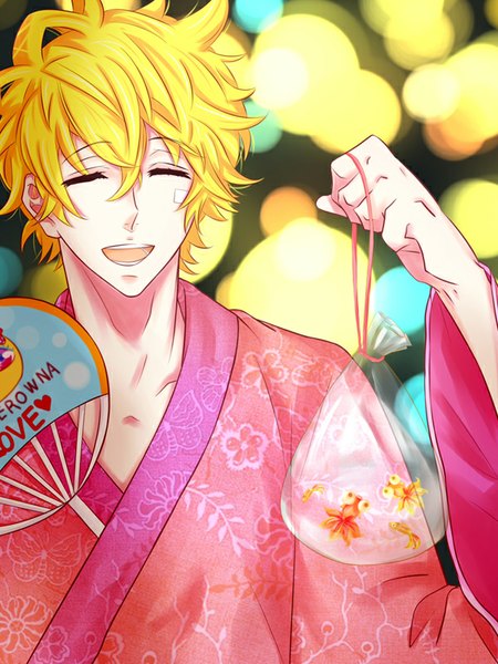 Anime picture 600x800 with karneval yogi (karneval) fishchan single tall image short hair open mouth blonde hair eyes closed traditional clothes japanese clothes bandaid on face festival boy animal fish (fishes) fan bandaid yukata paper fan