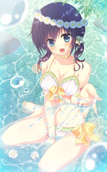 Anime picture 1309x2099 with original kinoko5123 single long hair tall image looking at viewer blush breasts open mouth blue eyes light erotic black hair flower (flowers) swimsuit bikini water bubble (bubbles) wreath