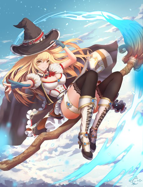 Anime picture 1000x1310 with original h2o (dfo) single long hair tall image looking at viewer fringe breasts light erotic blonde hair hair between eyes sitting holding yellow eyes sky cleavage cloud (clouds) full body bent knee (knees) short sleeves