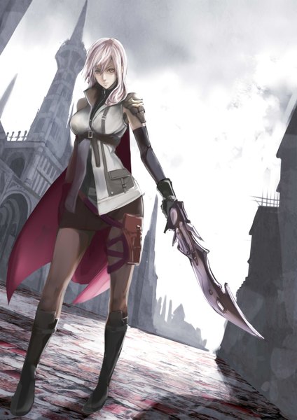 Anime picture 1000x1414 with final fantasy final fantasy xiii lightning returns: final fantasy xiii square enix lightning farron bombomb25 single long hair tall image looking at viewer fringe breasts blue eyes large breasts holding pink hair sky head tilt walking serious