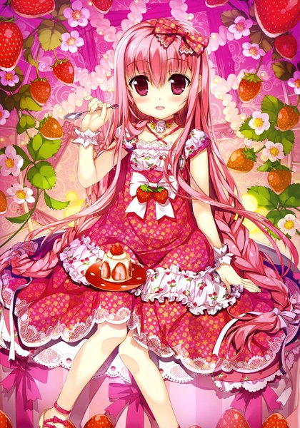 Anime picture 2866x4092 with fujima takuya single tall image looking at viewer blush highres open mouth red eyes sitting pink hair very long hair official art loli girl dress flower (flowers) bow hair bow food frills