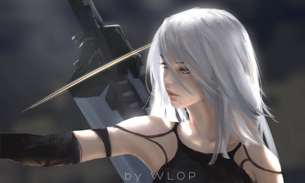 Anime picture 1600x960 with nier nier:automata yorha type a no. 2 wlop single long hair fringe blue eyes hair between eyes wide image bare shoulders signed looking away silver hair upper body profile lips realistic mole outstretched arm