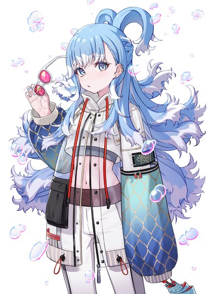 Anime picture 2480x3508 with virtual youtuber hololive hololive indonesia kobo kanaeru toga (toganawa) single long hair tall image looking at viewer highres blue eyes simple background white background blue hair nail polish midriff blue nail polish sunglasses removed girl sunglasses
