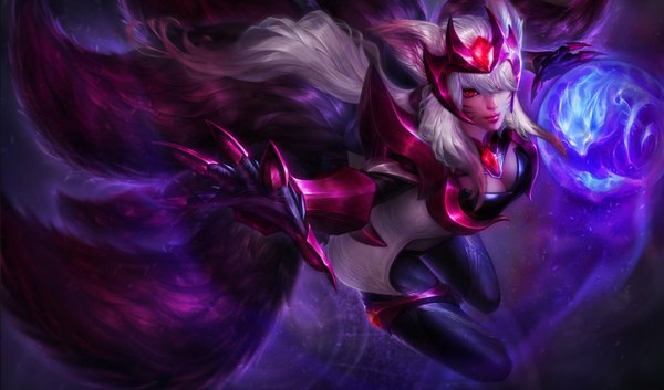Anime picture 1024x604 with league of legends ahri (league of legends) michelle hoefener yoru ryuu (artist) single long hair looking at viewer fringe smile red eyes wide image animal ears silver hair tail from above lips hair over one eye realistic magic fox girl