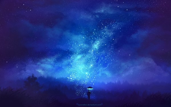 Anime picture 1568x985 with original auroralion single standing holding signed cloud (clouds) from behind night night sky back magic glow boy plant (plants) tree (trees) star (stars) umbrella grass