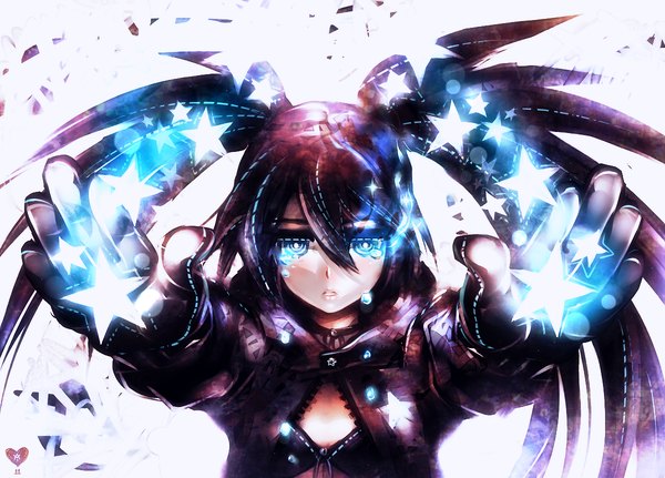 Anime picture 1200x862 with black rock shooter black rock shooter (character) single long hair fringe open mouth simple background white background twintails multicolored hair aqua eyes tears glowing glowing eye (eyes) crying sad girl star (symbol) cloak