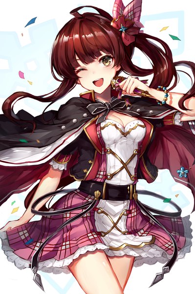 Anime picture 960x1444 with granblue fantasy diantha (granblue fantasy) watao single long hair tall image looking at viewer blush open mouth brown hair holding yellow eyes ahoge one eye closed wind wink ;d plaid singing girl