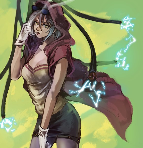 Anime picture 773x800 with jojo no kimyou na bouken mariah halu-ca single tall image short hair simple background yellow eyes looking away cleavage grey hair smoke sunglasses on head smoking green background electricity girl skirt gloves miniskirt