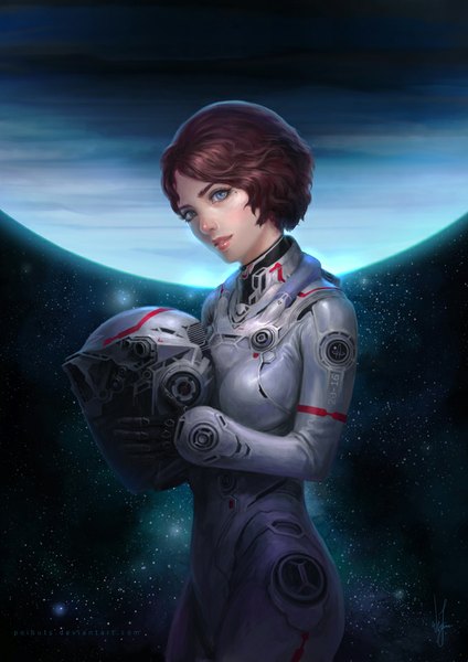 Anime picture 679x960 with tagme (copyright) poibuts single tall image short hair blue eyes brown hair lips realistic mole mole under eye girl suit helmet