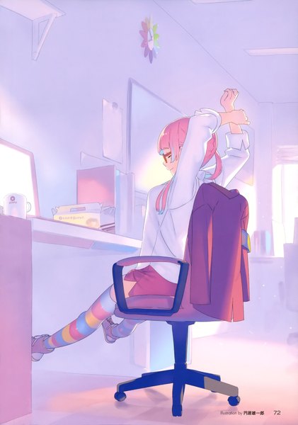 Anime picture 2493x3553 with tokyo 7th sisters rokusaki coney madoi yuichiro single tall image fringe highres short hair sitting pink hair indoors arms up leg lift (legs lift) girl thighhighs shirt glasses window white shirt book (books)