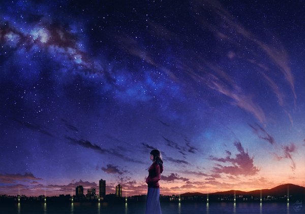 Anime picture 1000x704 with original mocha (cotton) single long hair brown hair looking away sky profile night night sky city evening landscape scenic hands in pockets girl star (stars)