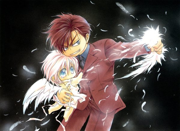 Anime picture 2746x2000 with okane ga nai ayase yukiya kanou somuku tohru kousaka highres short hair blue eyes pink hair couple hug grin black background chibi shounen ai boy ribbon (ribbons) wings necktie feather (feathers) suit