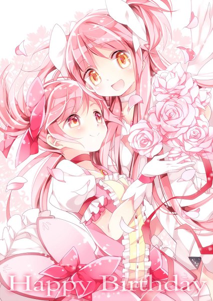 Anime picture 850x1200 with mahou shoujo madoka magica shaft (studio) kaname madoka goddess madoka ayumaru (art of life) long hair tall image blush short hair open mouth smile twintails multiple girls yellow eyes pink hair pink eyes two side up short twintails happy birthday dual persona