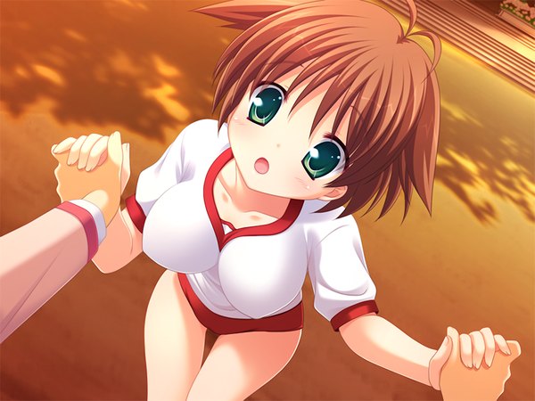 Anime picture 1024x768 with marguerite sphere midorikawa nanohana yuyi short hair breasts open mouth light erotic brown hair large breasts green eyes game cg ahoge holding hands solo focus girl uniform gym uniform buruma