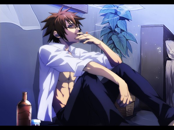 Anime picture 1600x1200 with original sakuryuugai (artist) single short hair blue eyes brown hair sitting looking away open clothes open shirt muscle twisty sleeves boy glasses bottle cigarette