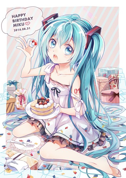 Anime picture 800x1129 with vocaloid hatsune miku iku1539 tall image looking at viewer open mouth twintails very long hair barefoot aqua eyes aqua hair happy birthday girl dress hair ornament sweets gift cake