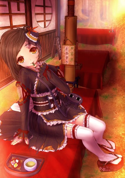 Anime picture 849x1200 with original kuro neko mercy single tall image looking at viewer short hair black hair smile sitting bent knee (knees) indoors traditional clothes orange eyes girl thighhighs plant (plants) white thighhighs tree (trees) leaf (leaves) garter straps