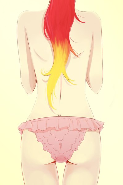 Anime picture 1306x1965 with ao no exorcist a-1 pictures kirigakure shura maruta-chan6 single long hair tall image light erotic simple background ponytail red hair multicolored hair from behind no bra two-tone hair underwear only yellow background girl underwear panties