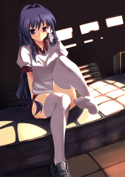 Anime picture 780x1103 with clannad key (studio) fujibayashi kyou cofepig single long hair tall image fringe breasts sitting purple eyes looking away purple hair barefoot shadow legs single shoe gym storeroom girl thighhighs