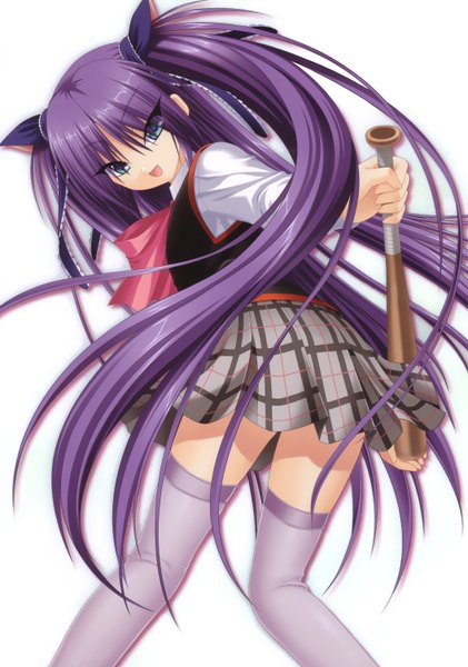 Anime picture 1056x1506 with little busters! key (studio) sasasegawa sasami na-ga single tall image open mouth blue eyes smile white background animal ears purple hair very long hair looking back cat ears two side up girl thighhighs skirt bow