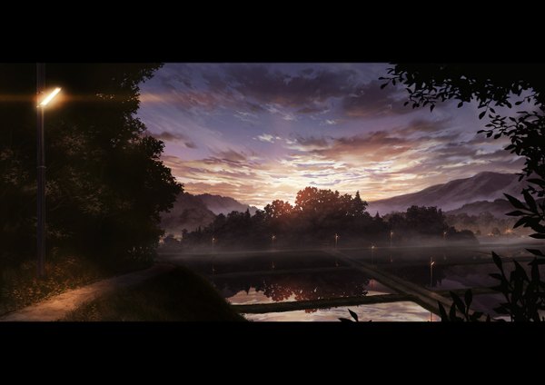 Anime picture 1271x900 with original nsmrtks sky cloud (clouds) evening light sunset letterboxed mountain landscape nature field plant (plants) tree (trees) water path rice paddy